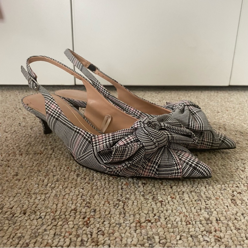 NWOT Zara Plaid Slingback Kitten Heels w/ Bows